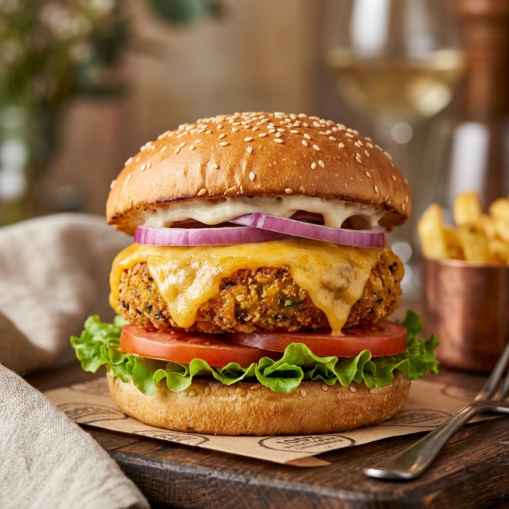 Crispy veg burger with fries